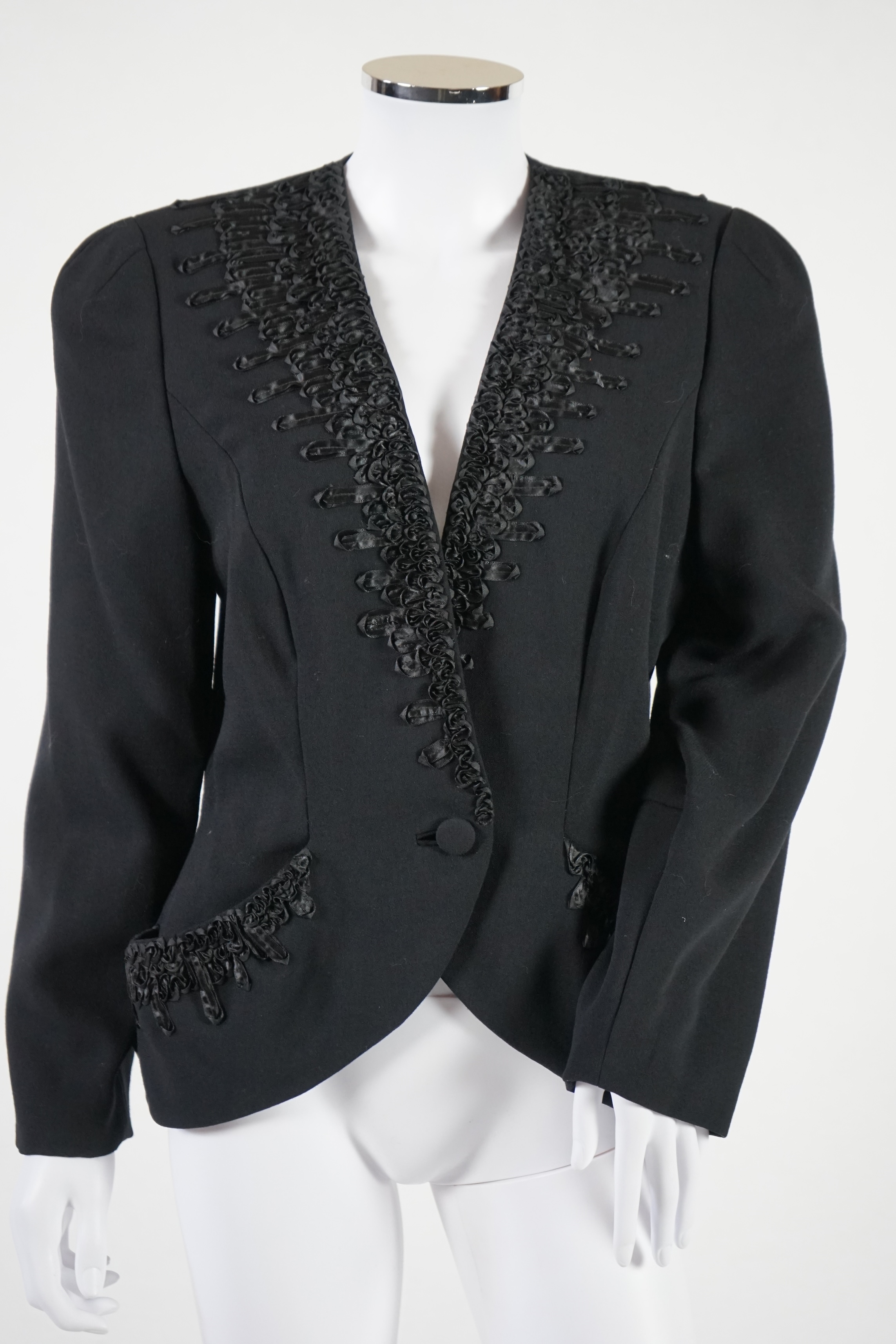 A Bruce Oldfield black evening dress and black bolero style jacket. Size 12-14 Proceeds to Happy Paws Puppy Rescue